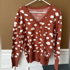 Women’s Brown Spotted V-neck Cardigan Sweater Size Large Academia Preppy Casual